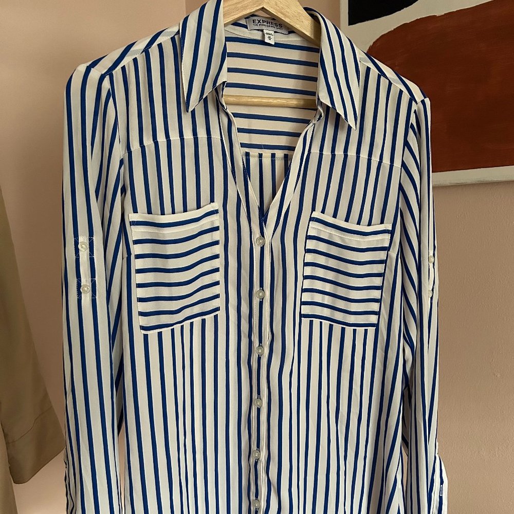 Express Portofino Shirt Size M royal blue and white stripe